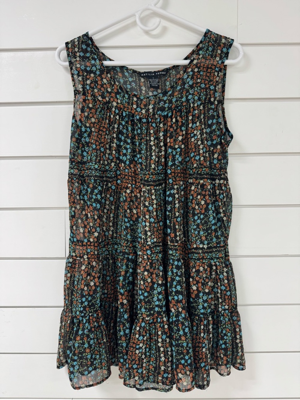 Antilia Femme Black Floral Sleeveless Tiered Mesh Top